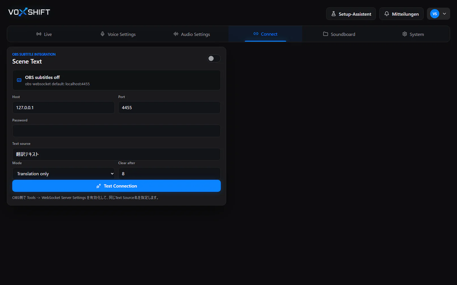 VoxShift Verbindungseinstellungen auf Deutsch mit OBS WebSocket, Textquelle und Untertitelmodus.