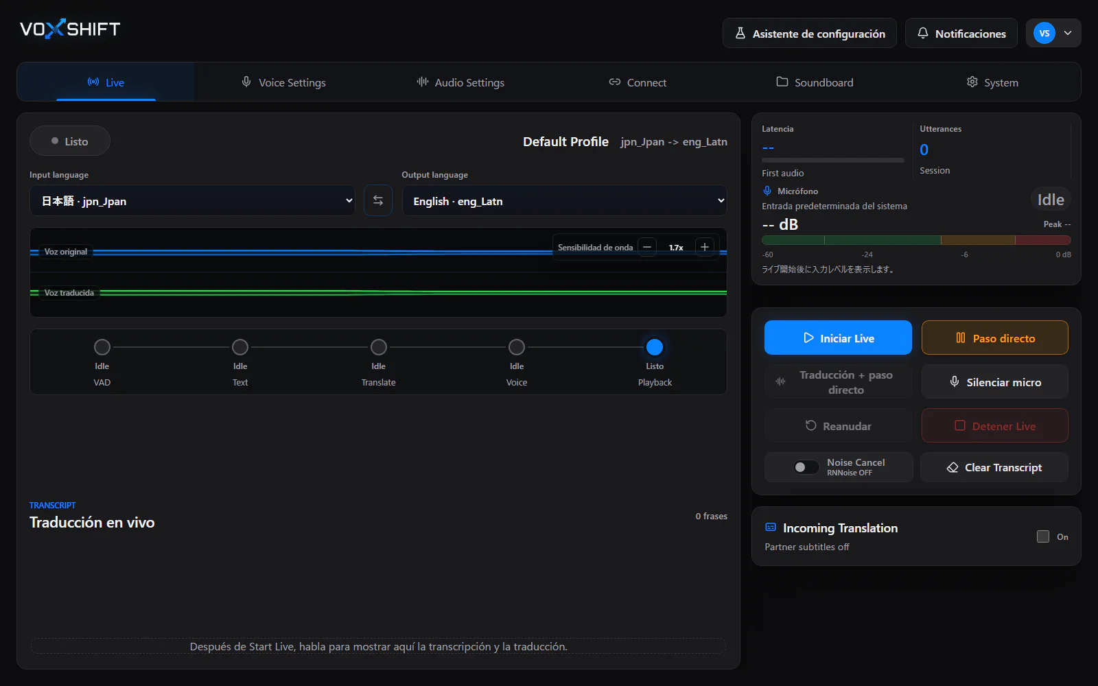 Pantalla de traducción Live de VoxShift en español con par de idiomas, forma de onda, pipeline, subtítulos y nivel de entrada.