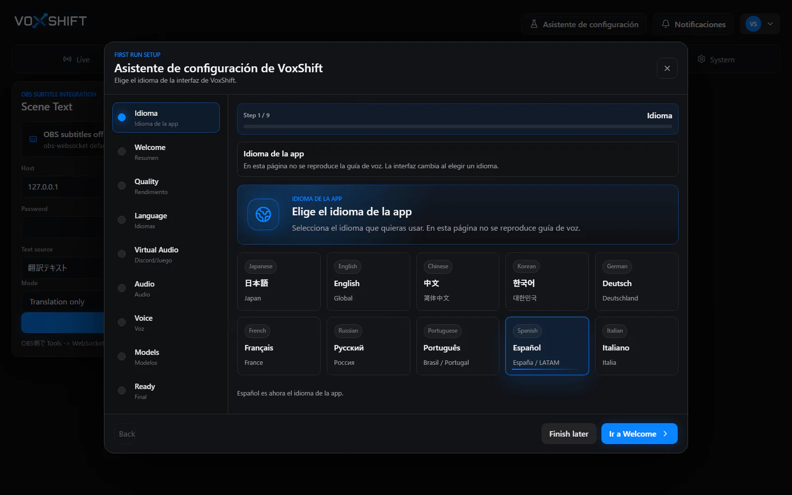Asistente de configuración VoxShift en español con idioma de app, preset de calidad, audio virtual, voz de referencia y estado de modelos.