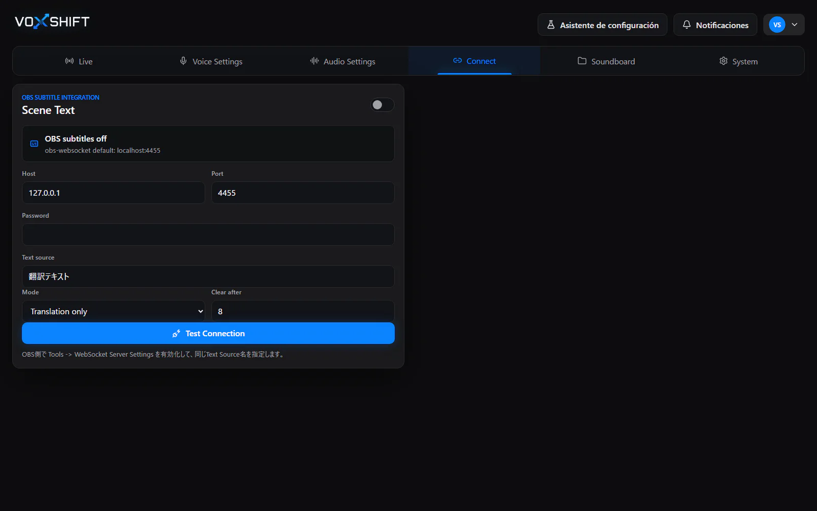 Pantalla de conexión de VoxShift en español con OBS WebSocket, fuente de texto y modo de subtítulos.