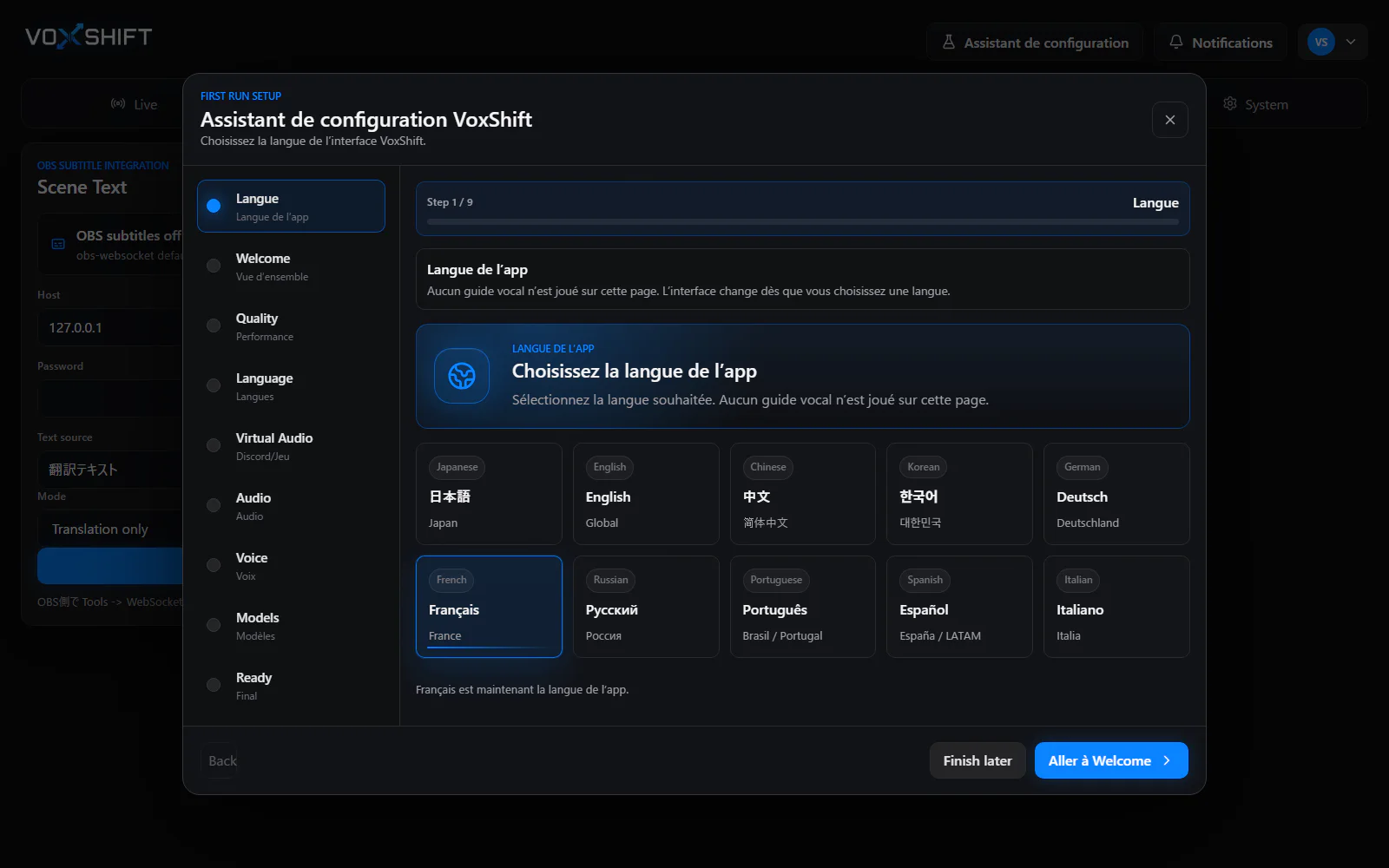 Assistant de configuration VoxShift en français avec langue d'application, preset qualité, audio virtuel, voix de référence et état des modèles.