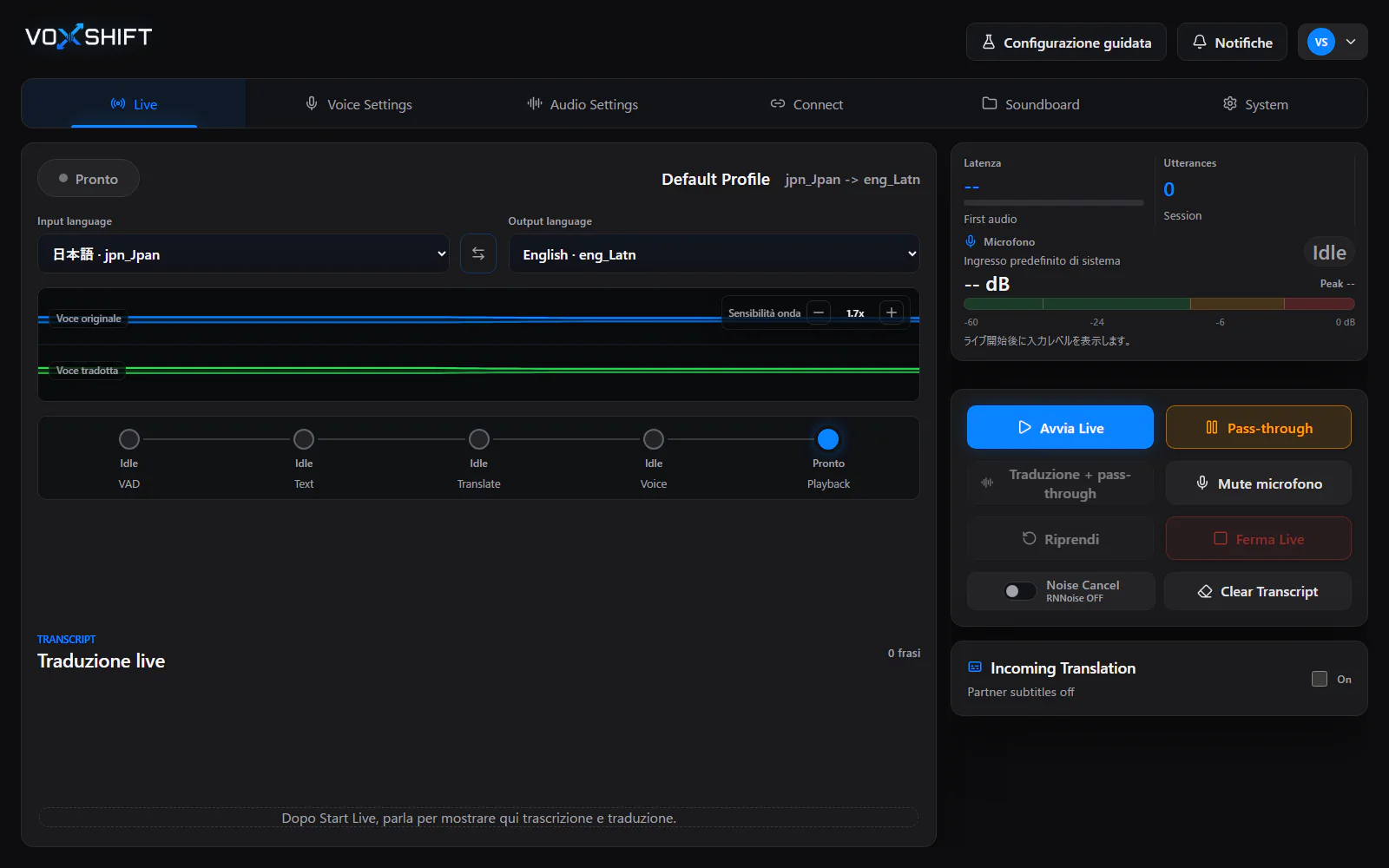 Schermata di traduzione Live VoxShift in italiano con coppia lingue, forma d'onda, pipeline, sottotitoli e livello input.