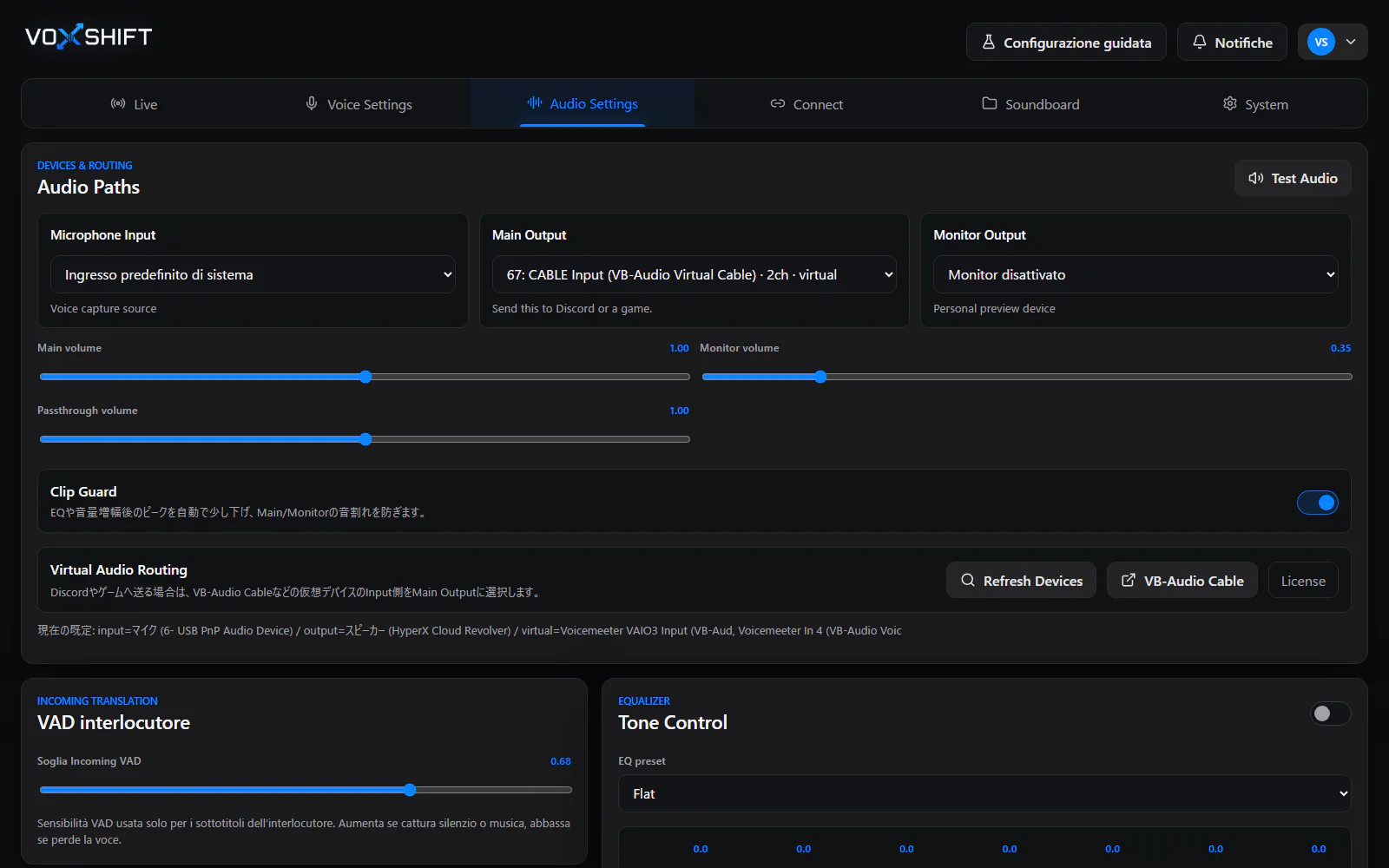 Schermata audio VoxShift in italiano con ingresso microfono, Main Output, Monitor Output e routing audio virtuale.