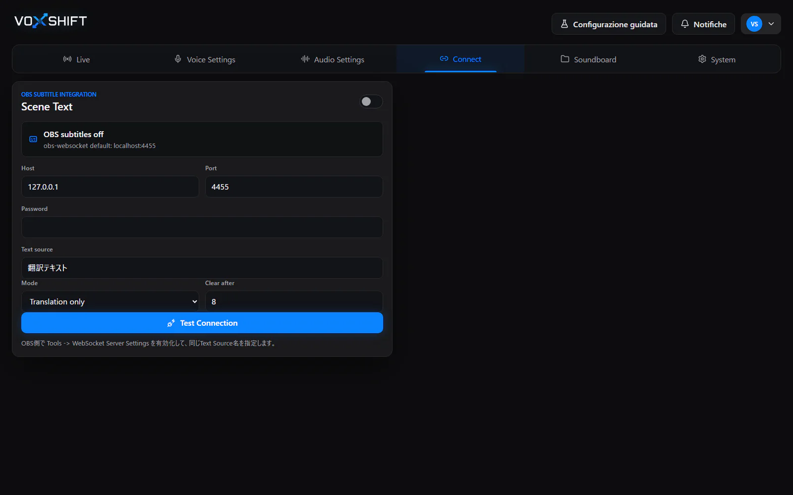 Schermata connessione VoxShift in italiano con OBS WebSocket, sorgente testo e modalità sottotitoli.