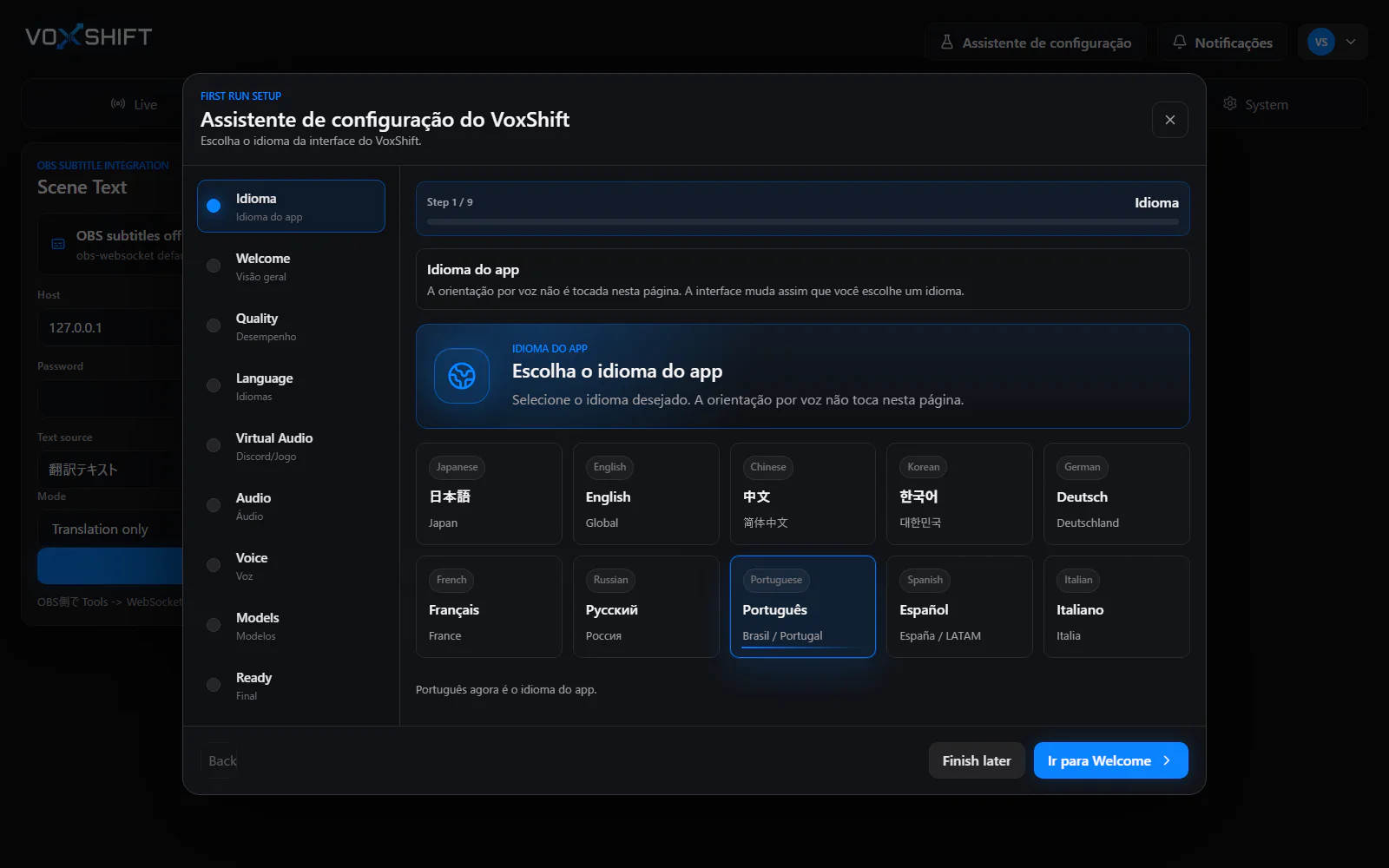Assistente de configuração VoxShift em português com idioma do app, preset de qualidade, áudio virtual, voz de referência e status dos modelos.